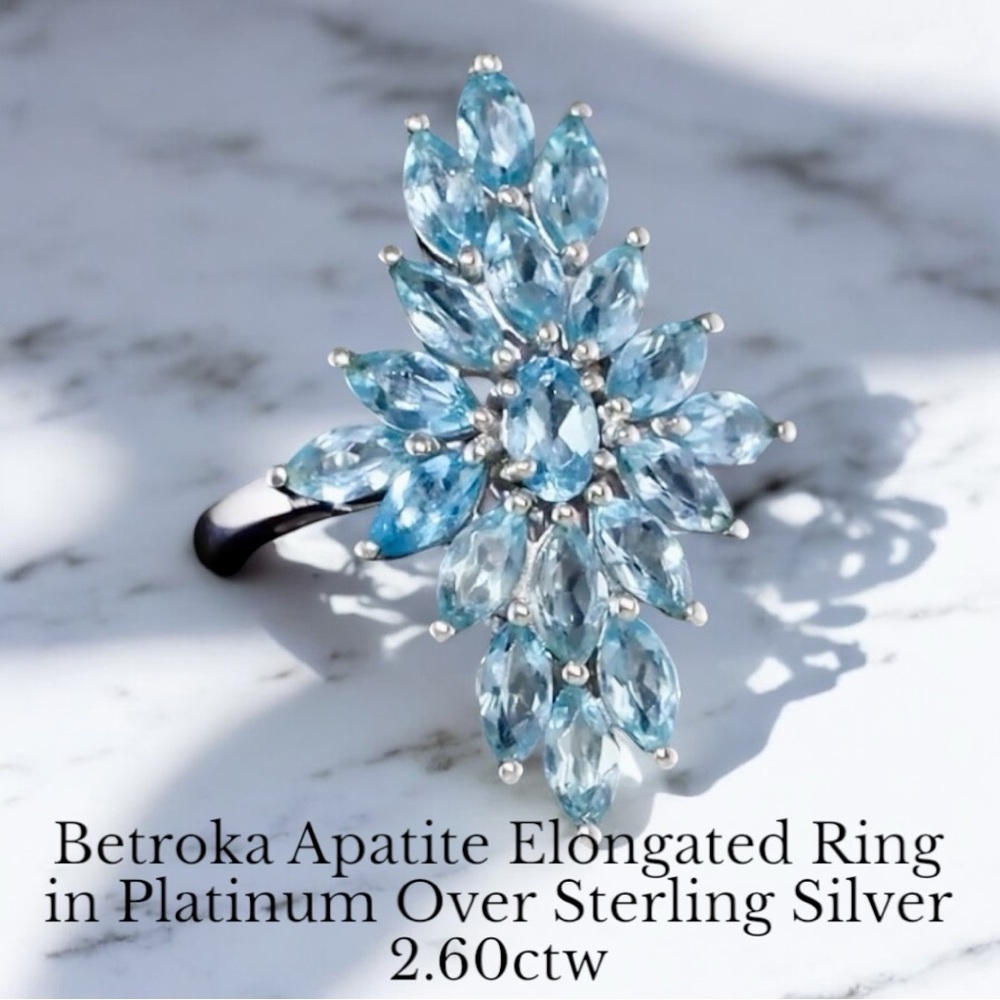 RARE Betroka Blue Apatite Elongated Ring in Platinum Over Sterling Silver